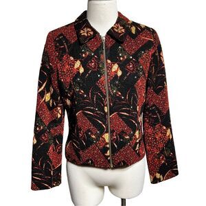 Lorizoni Silk Jacket Women Small Black Rust Floral Tapestry Zip Blazer Embellish